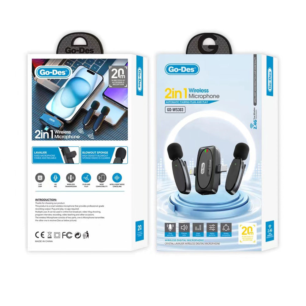 Go Des GD-WS303 2in1 Type-C ve Lightning Portlu Kablosuz Yaka Mikrofonu Go Des GD-WS303 2in1 Type-C ve Lightning Portlu Kablosuz Yaka Mikrofonu